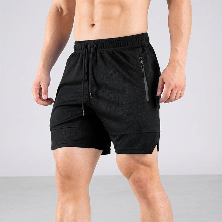 Performance running shorts for men, dark color, breathable fabric, and functional pockets