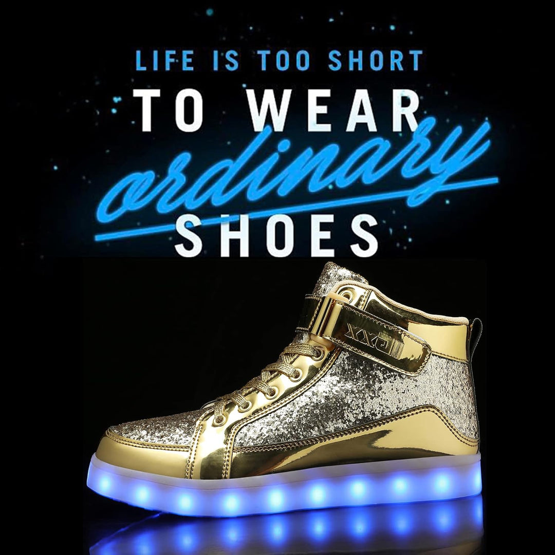 Front view of white men's LED shoes, illuminated with vibrant, shifting colors.