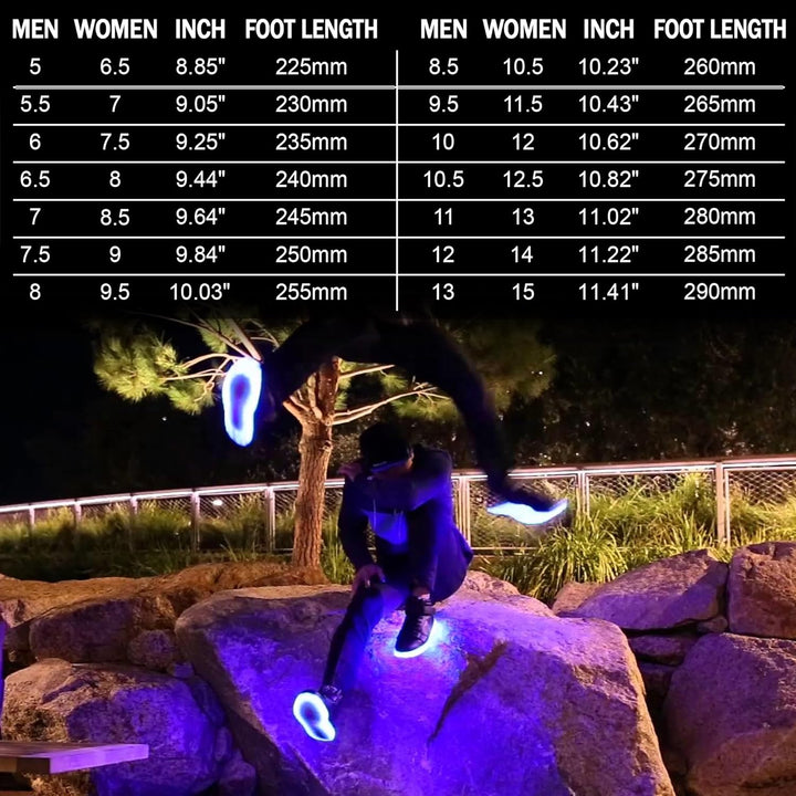 USB rechargeable men's LED shoes, featuring easy on/off control for the lights.