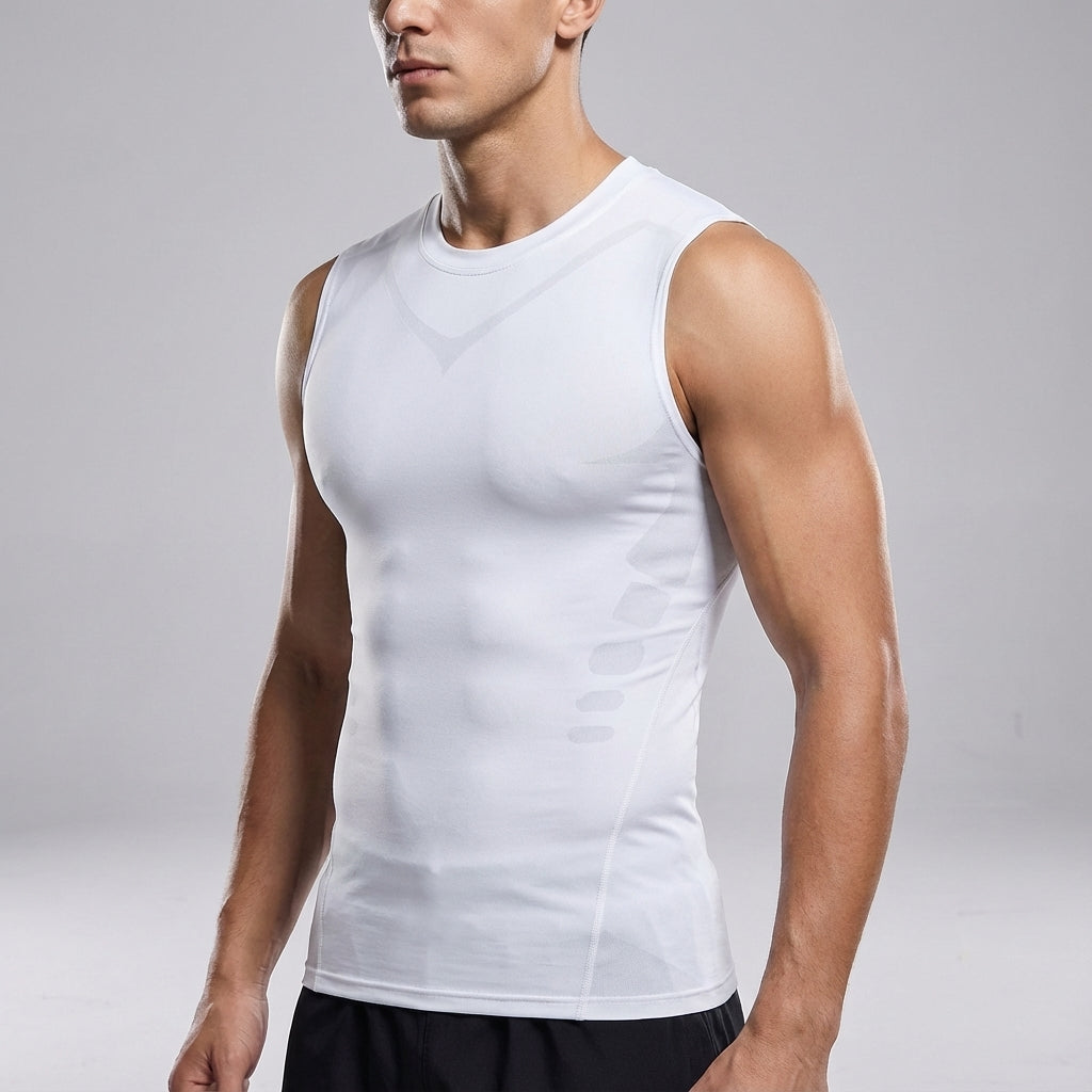 Back view of men's slim fit activewear compression top, seamless design