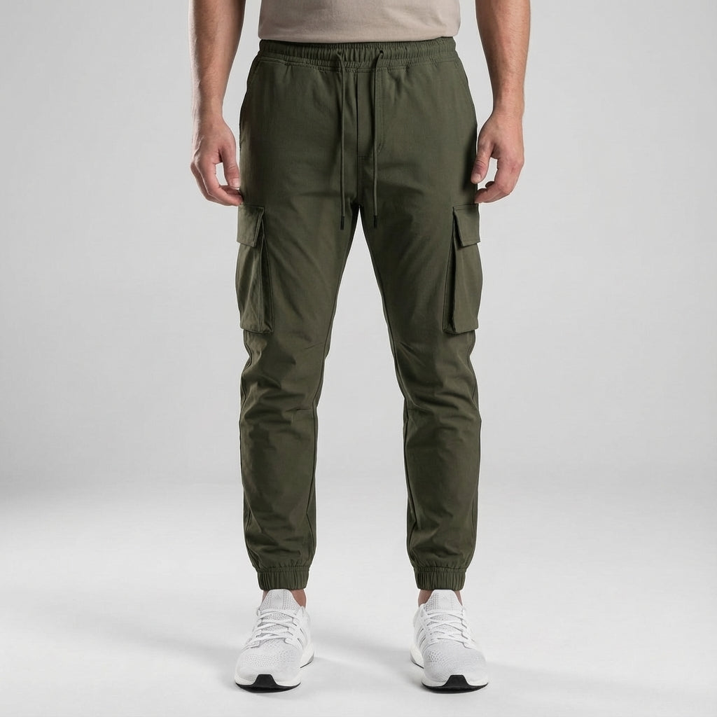 Men's stretch joggers with cargo pants styling, perfect for a relaxed yet fashionable athletic look