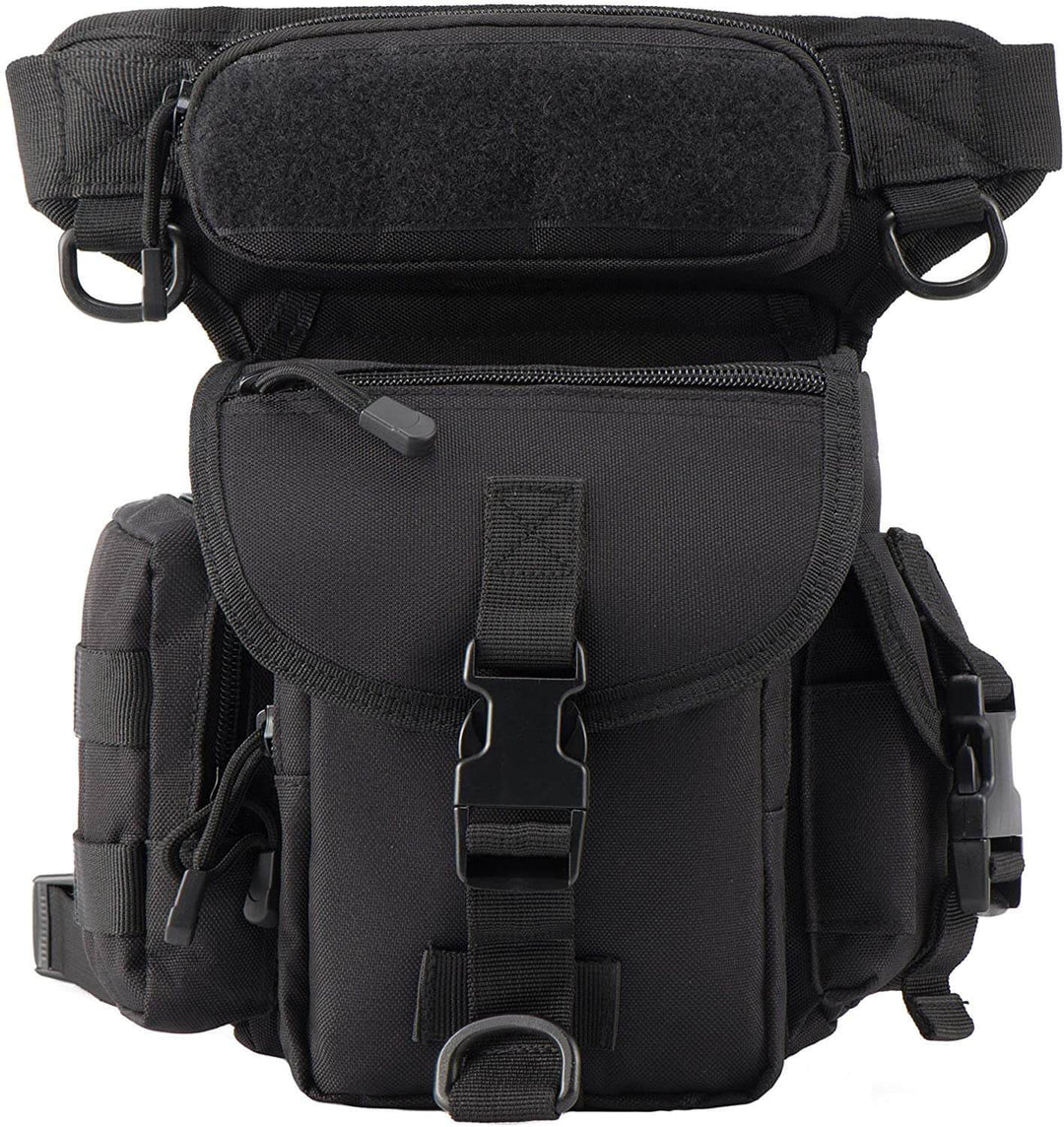 Front view of a men's drop leg bag, showcasing its tactical design and durable, water-resistant material.