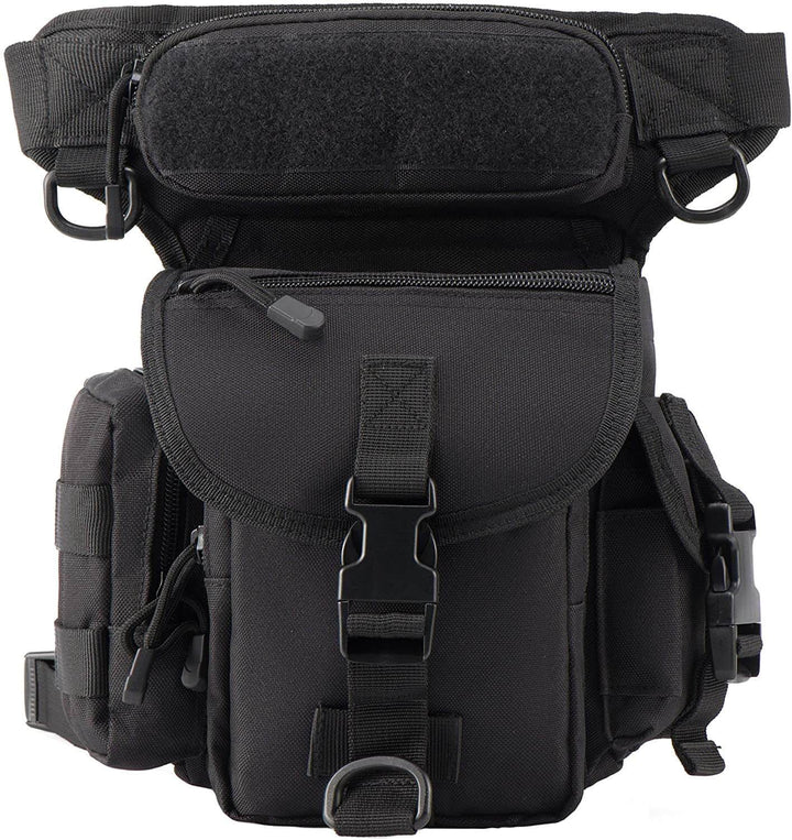Front view of a men's drop leg bag, showcasing its tactical design and durable, water-resistant material.