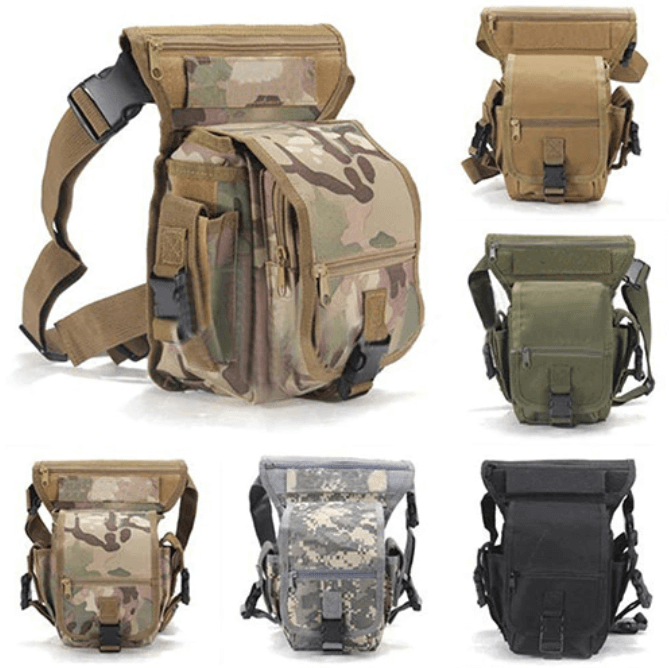Stylish men's black tactical waist and drop leg bag combo, perfect for urban and wilderness exploration.