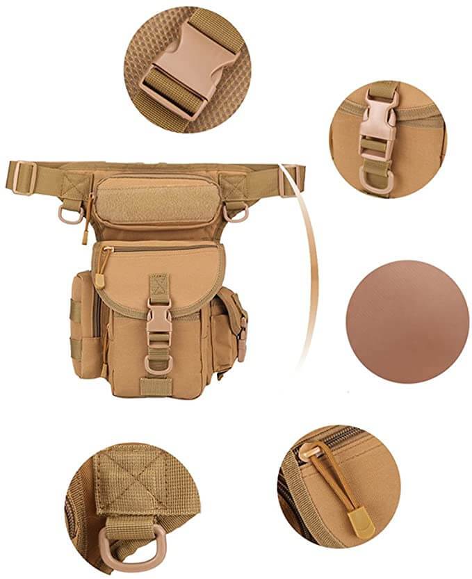 Close-up of a men's rugged drop leg bag showing water-resistant fabric and adjustable straps, outdoor gear.