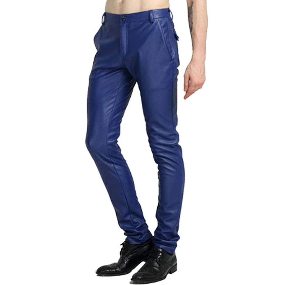 Men's black tapered faux leather biker trousers with zipper details, streetwear style