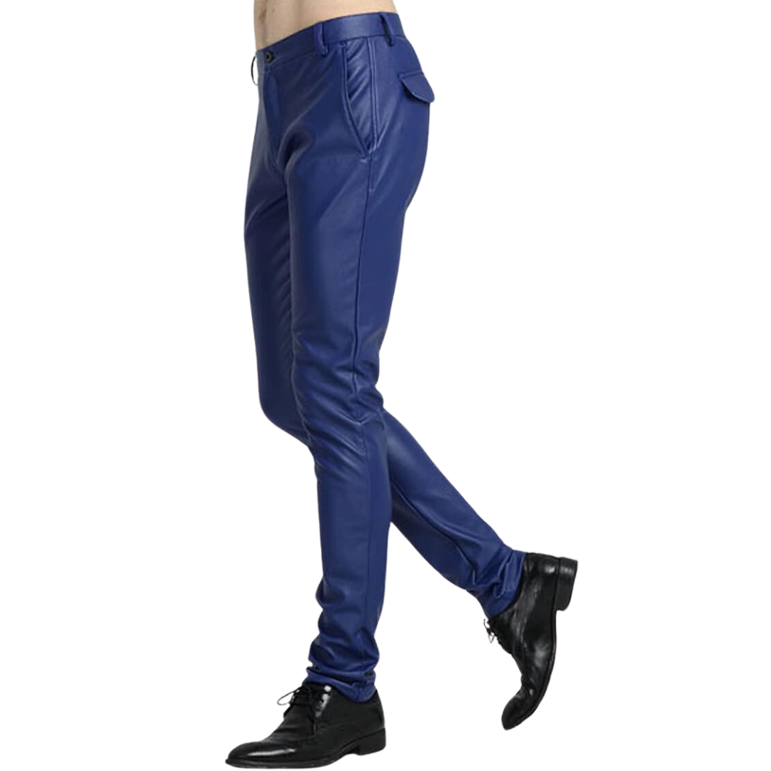 Close-up of men's tapered faux leather trousers, showcasing texture and seams