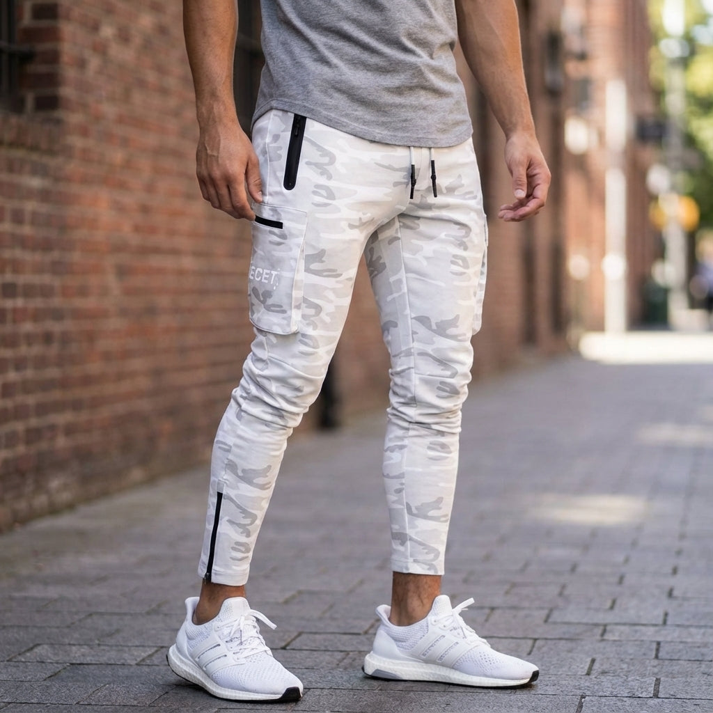 Men's black tapered sports jogger pants with zippered pockets, comfortable athletic fit