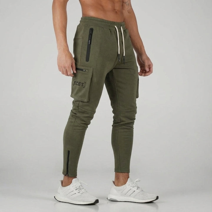Full-body view of men wearing Hector tapered sports joggers with functional zip pockets
