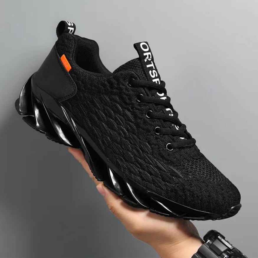 Side view of men's supportive black walking shoes, designed for comfort, active wear & everyday pain relief.