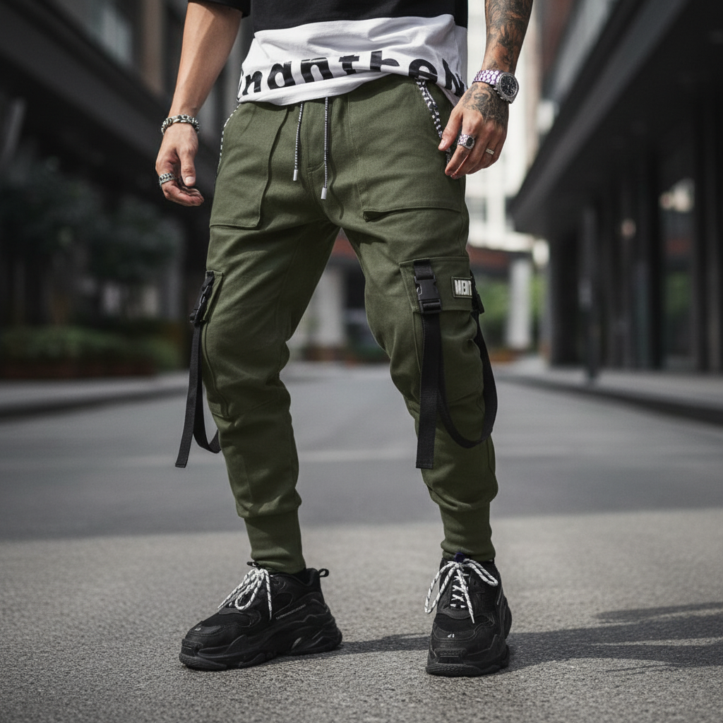 Men's black urban streetwear harem pants, cuffed, with multiple tactical pockets, comfortable cotton blend