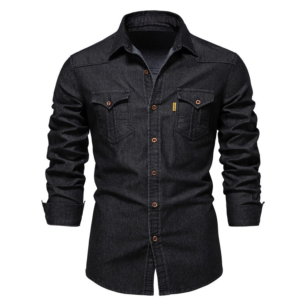 Men's blue stretch denim shirt, modern fit, long sleeve button-down for versatile casual wear.
