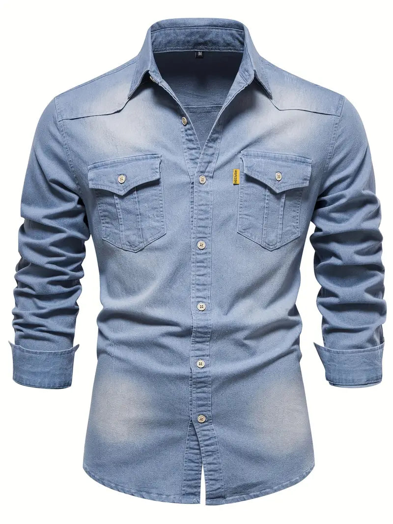 Versatile men's stretch denim shirt, modern fit, long sleeve. Comfortable button-down for various casual occasions.