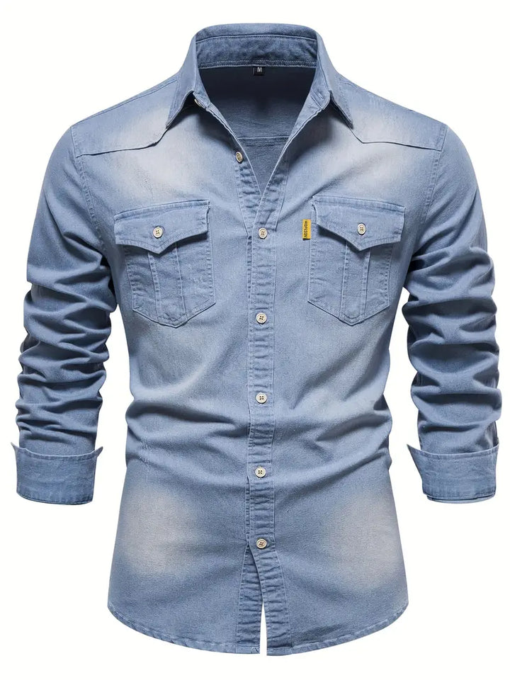 Versatile men's stretch denim shirt, modern fit, long sleeve. Comfortable button-down for various casual occasions.