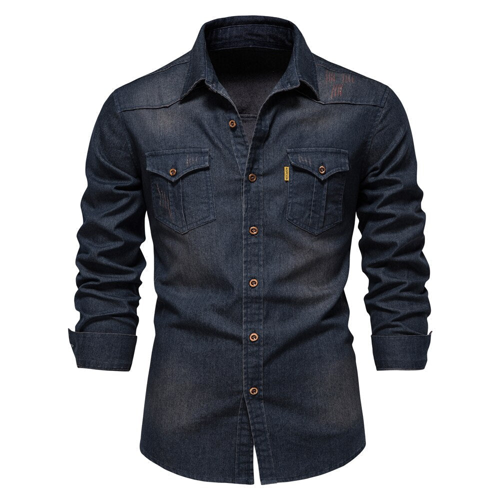 Men's cotton stretch denim shirt, Logan modern fit, long sleeve. Ideal casual button-down for comfort.