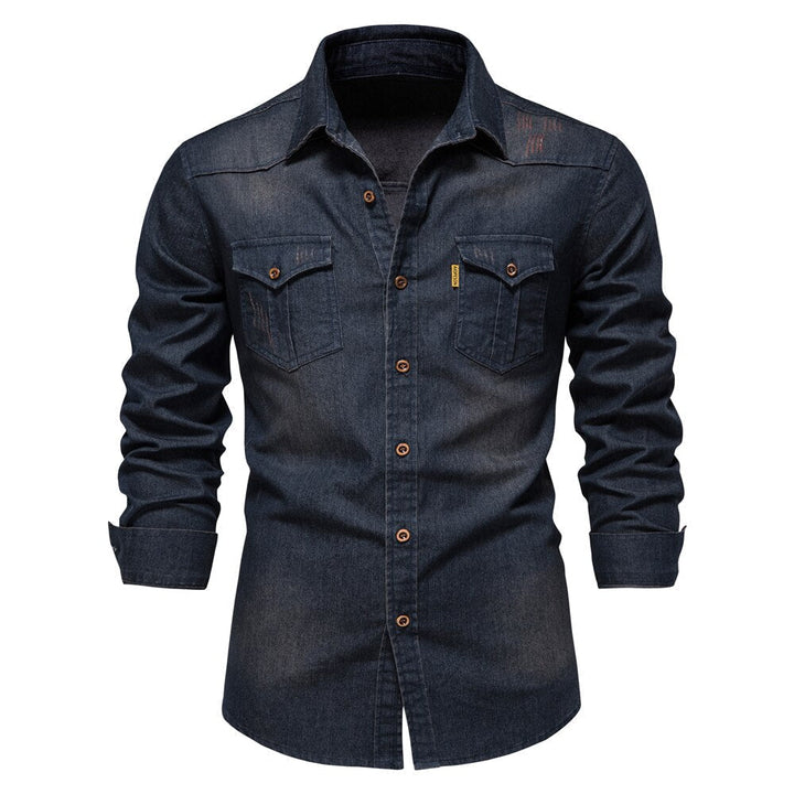 Men's cotton stretch denim shirt, Logan modern fit, long sleeve. Ideal casual button-down for comfort.