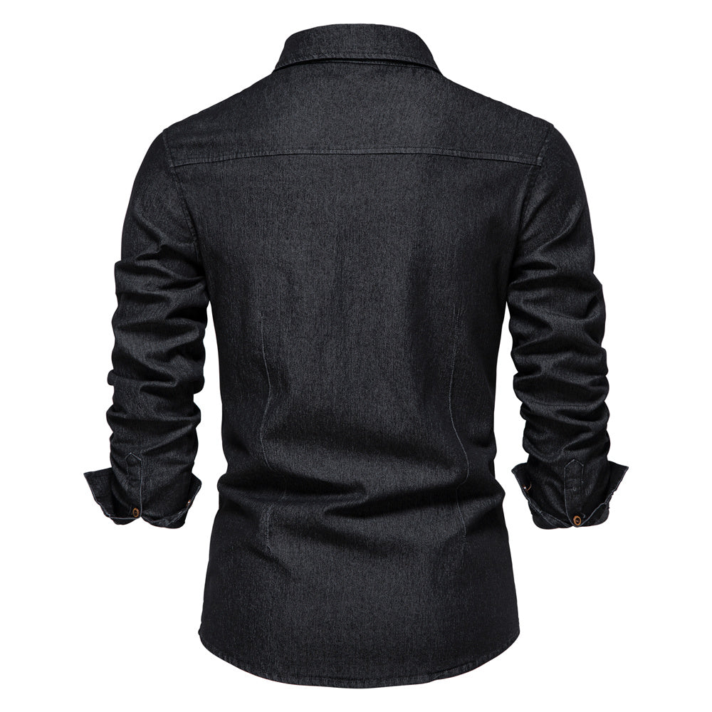 Stylish men's blue denim shirt, modern fit, long sleeve. Casual button-down with versatile appeal.
