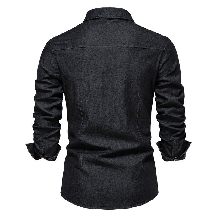 Stylish men's blue denim shirt, modern fit, long sleeve. Casual button-down with versatile appeal.