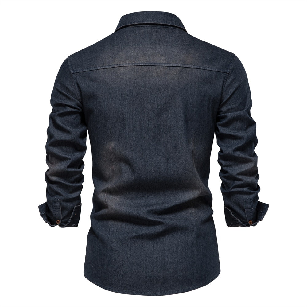 Classic men's black stretch denim shirt, modern fit. Long sleeve button-down, great for everyday casual wear.