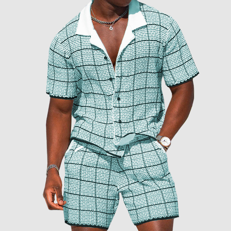 Men's blue & white checkered summer suit set with shorts. Stylish two-piece casual outfit for beach or resort wear.