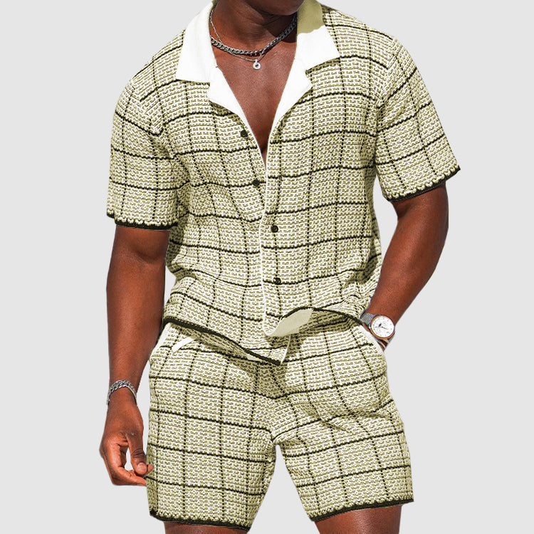 Comfortable men's two-piece checkered summer shorts set. Ideal casual wear for leisure, beach, or resort trips.