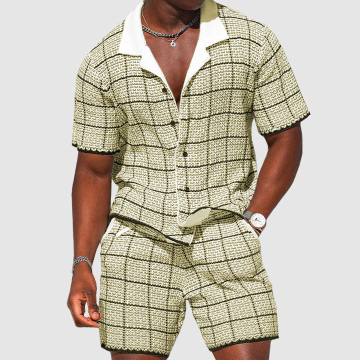 Comfortable men's two-piece checkered summer shorts set. Ideal casual wear for leisure, beach, or resort trips.