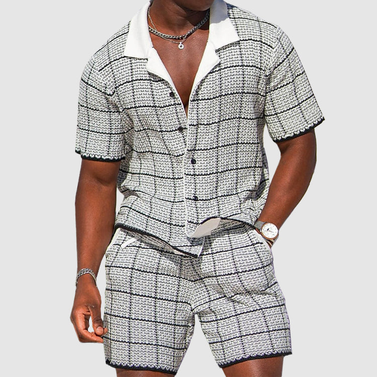 Fashionable men's checkered summer shorts & shirt set. Perfect lightweight resort wear for warm weather & vacations.