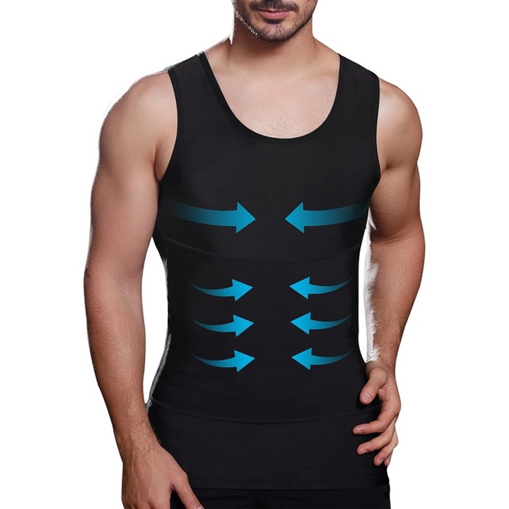 Invisible men's slimming body shaper undershirt providing firm compression & improved posture.