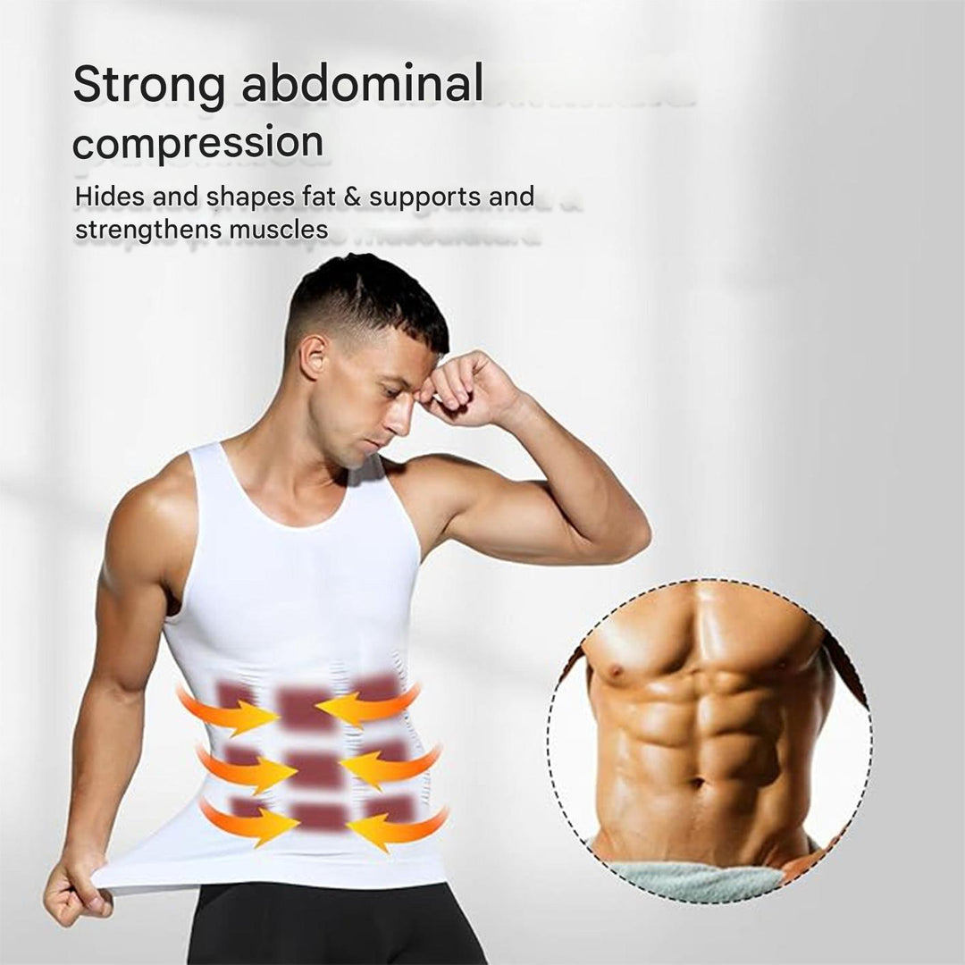 Seamless men's compression undershirt, invisible under clothes, for effective body shaping & support.