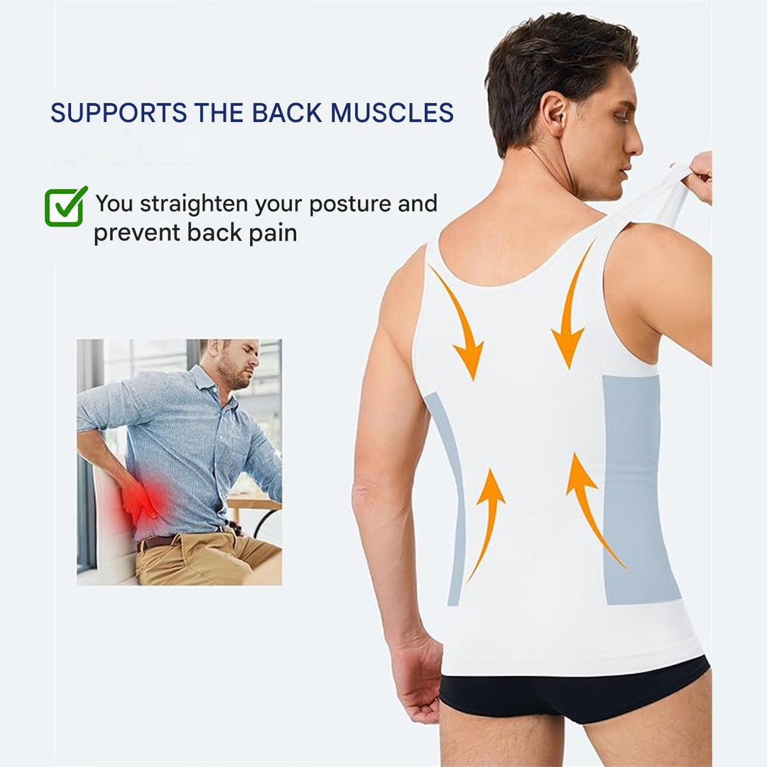 Men's firm fit compression undershirt, body shaper, slimming, posture support, comfortable & discreet.