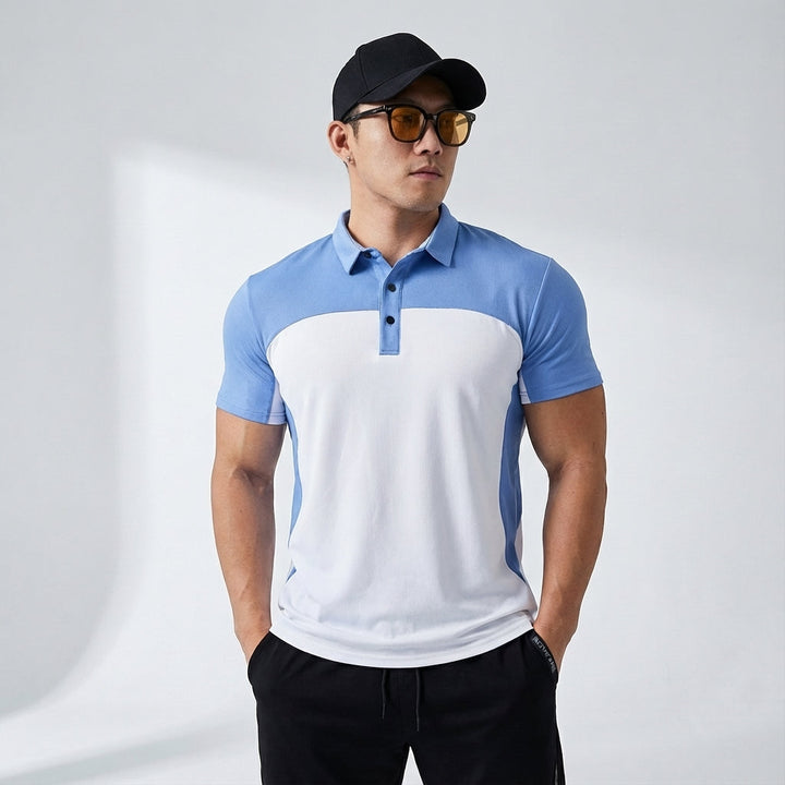 Men's red breathable polo shirt, activewear for sports, golf or casual summer apparel. Quick dry fabric.