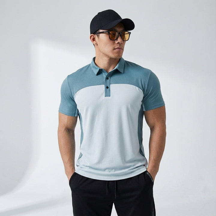 Men's black active polo shirt, breathable and quick-drying polyester perfect for sportswear, golf or casual.