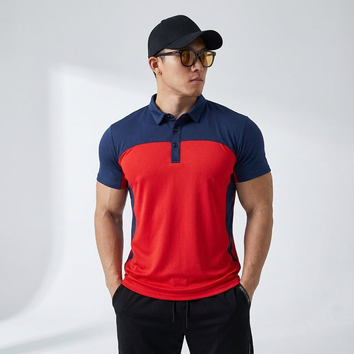 Stylish men's green active polo shirt for summer sports & casual wear. Breathable, quick dry polyester fabric.