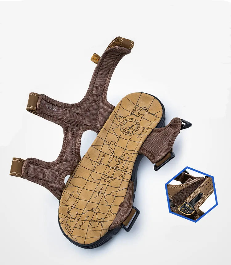 Side view of men's walking sandals featuring breathable straps and an ergonomic footbed for all-day summer comfort.
