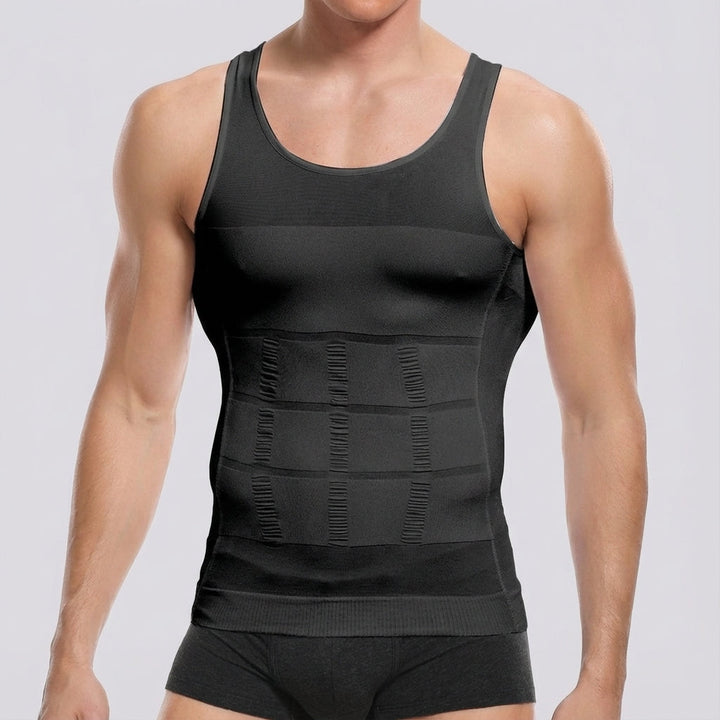 Full body shot of a man wearing Frederick breathable posture support compression tank top, showcasing body shaping effect.