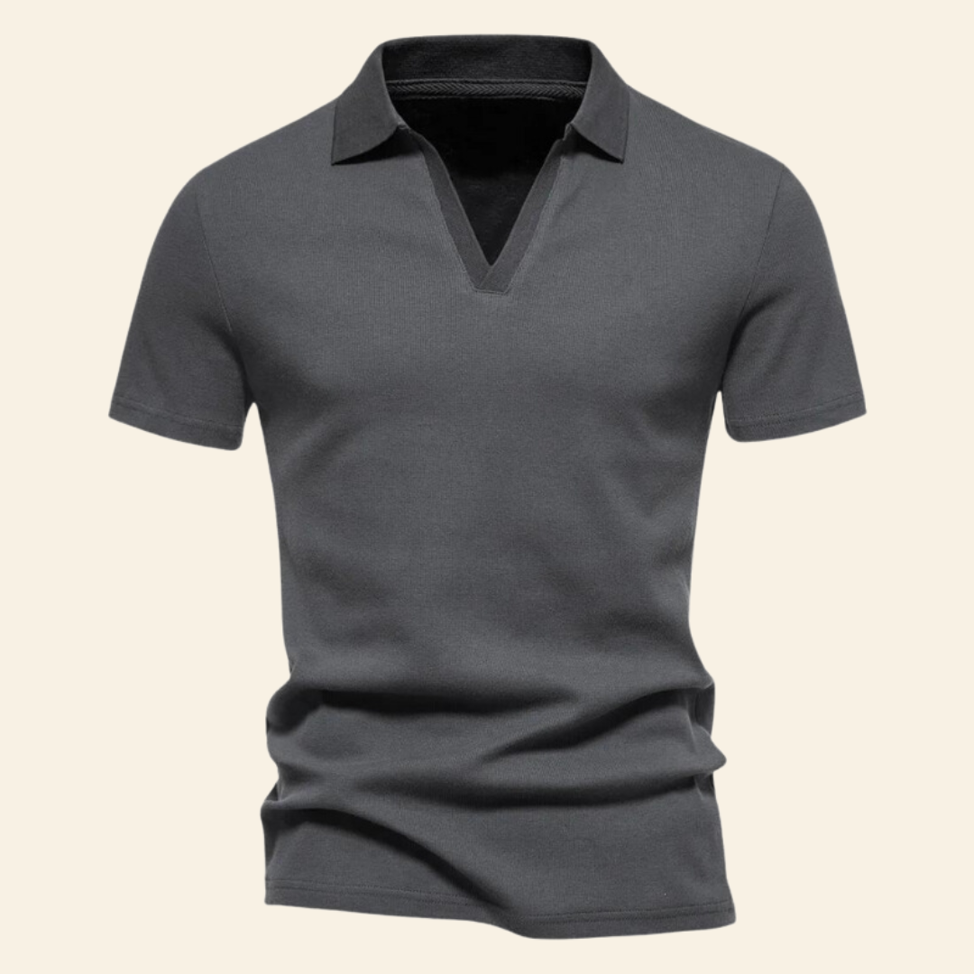 Men's V-neck polo in lightweight, breathable cotton, a comfortable & stylish casual wear option.
