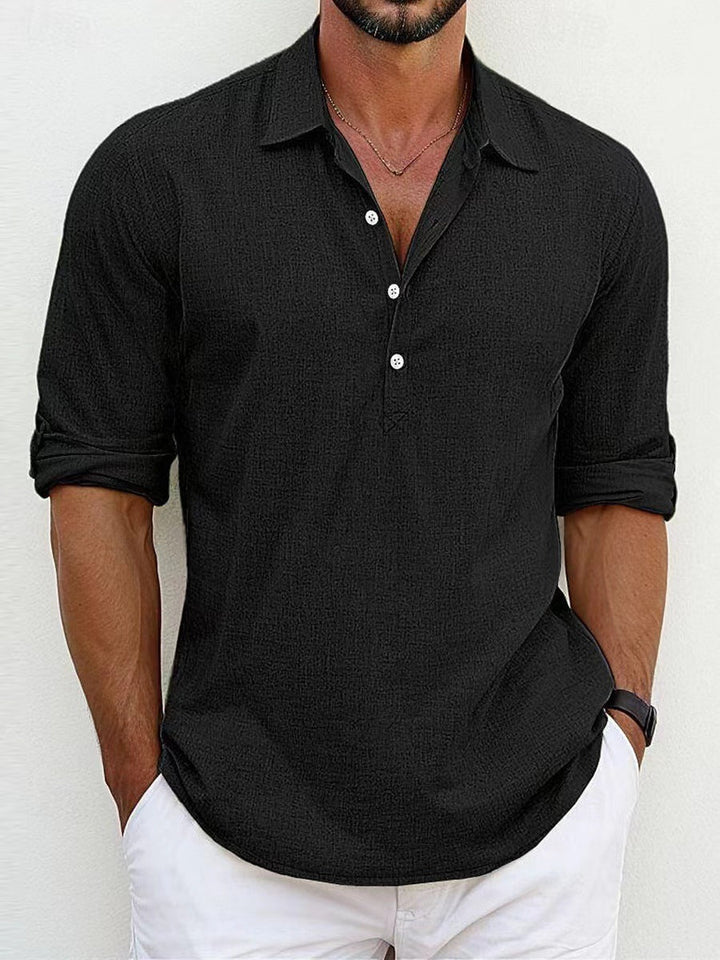 Versatile men's collared linen shirt. Button-placket casual style, breathable and comfortable for everyday summer fashion.