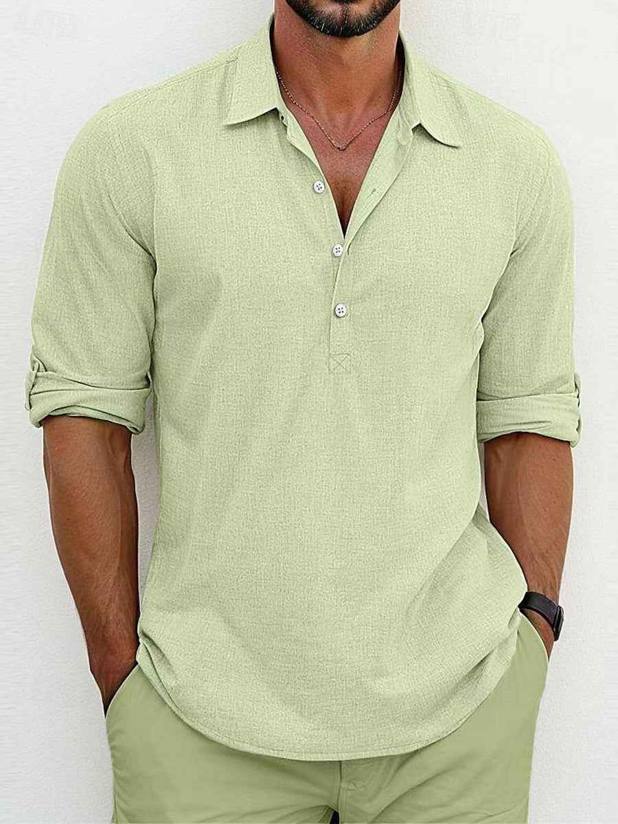 Man wearing a relaxed, breathable men's linen shirt with button placket. Perfect lightweight summer wear.