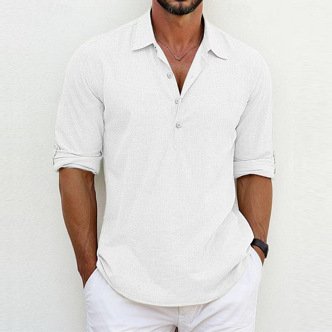 Easy-care men's linen casual shirt. Breathable button-placket design, offering versatile and comfortable summer fashion.