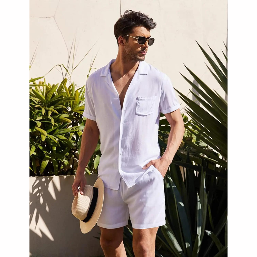 Men's breathable linen summer shirt and pants set for a relaxed, casual beach or vacation outfit.