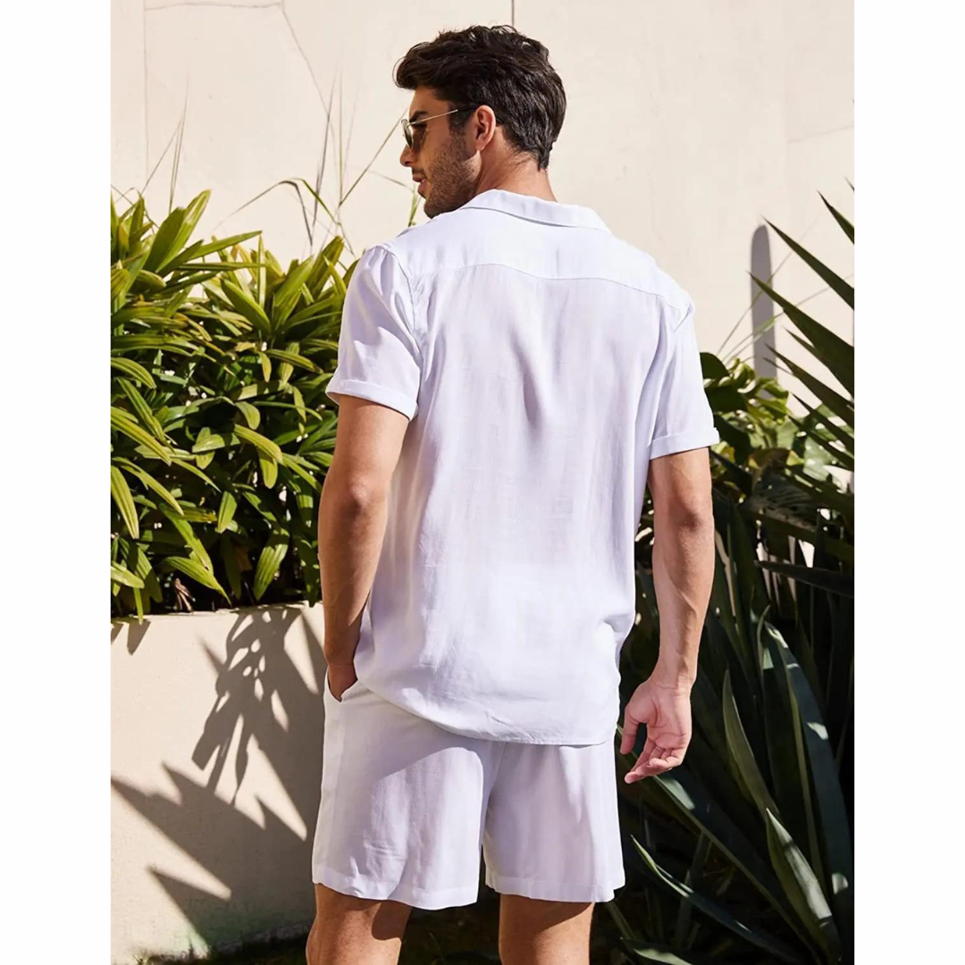 Lightweight & breathable men's linen shirt and pants set, perfect for summer casual wear or vacation.