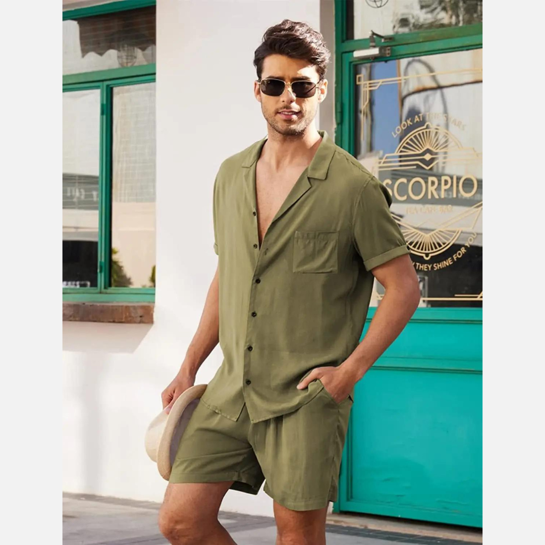 Stylish men's linen summer outfit, a relaxed shirt and pants set ideal for beach, vacation, or casual events.