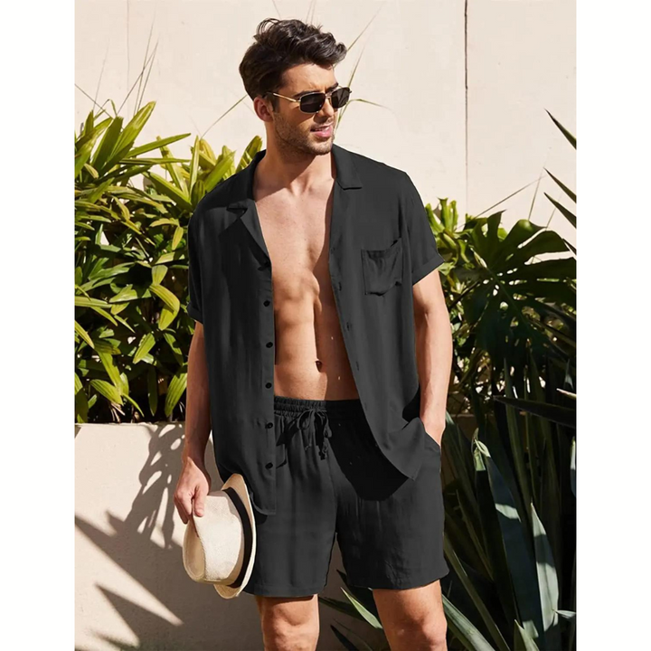 Versatile men's linen summer outfit: a comfortable, breathable shirt and pants set for casual wear.