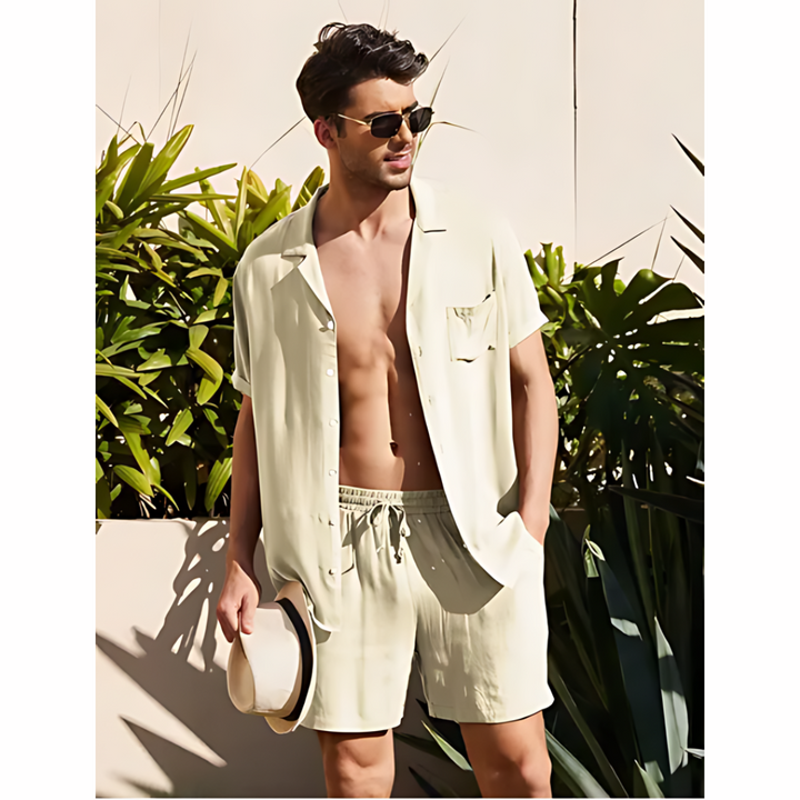 Men's relaxed linen summer shirt & trousers set, breathable and perfect for beach or vacation.