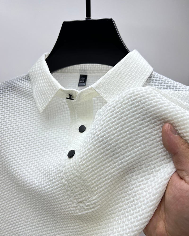 Casual men's breathable mesh polo shirt, slim fit design, ideal for summer sportswear.