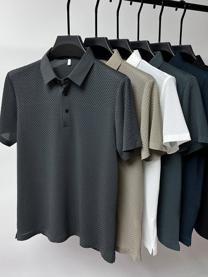 Versatile men's breathable mesh polo shirt, slim fit, great for summer casual wear & sports.