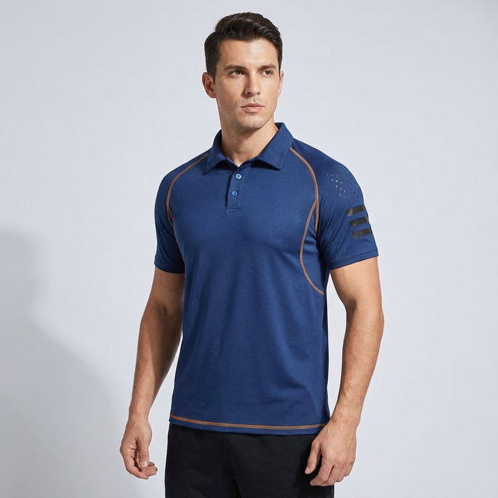 Men's polo shirt, short sleeve, showing breathable design and comfortable fit, for active lifestyle