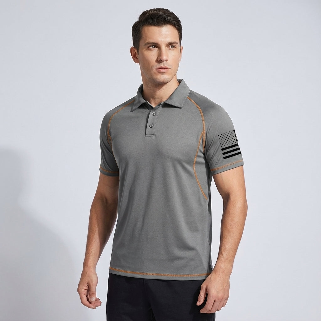 Detail of collar and buttons on mens breathable performance polo, suitable for activewear