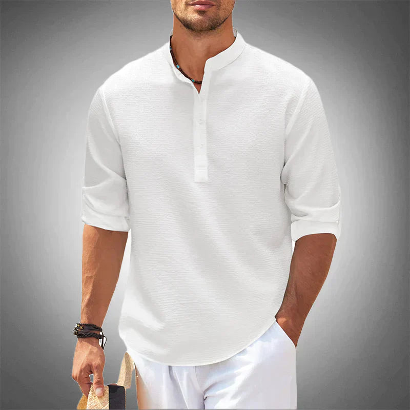 Close-up of Luca men's short sleeve shirt fabric, highlighting its breathable texture