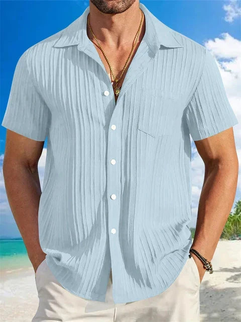 Men's breathable short sleeve button down shirt, ideal for beach trips, vacation, and warm weather.